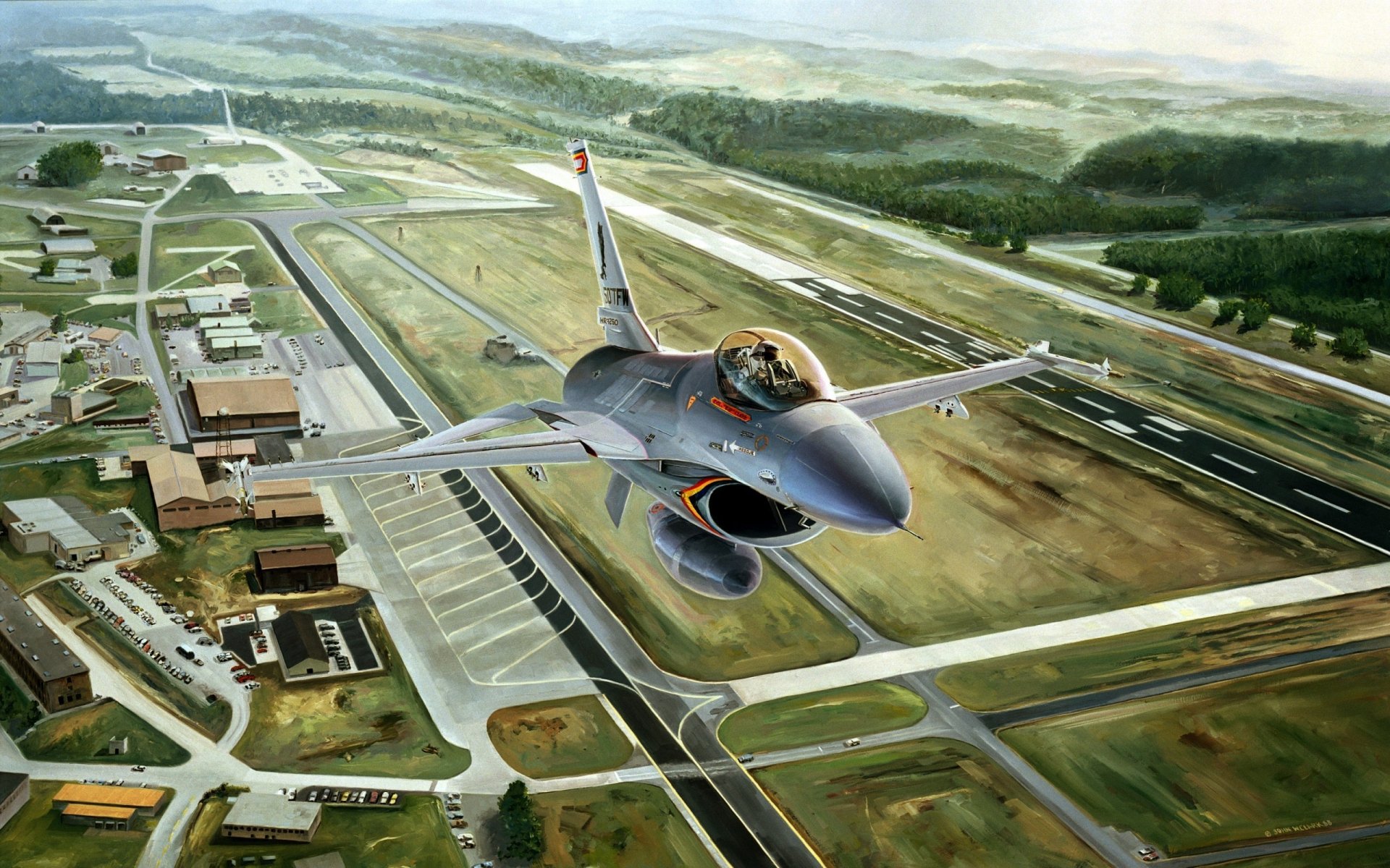 Military General Dynamics F-16 Fighting Falcon flying low over an airfield, 2K Quad HD PC desktop wallpaper background.