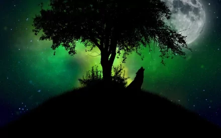 HD wallpaper of a wolf howling at the moon, silhouetted against a starry sky with a glowing full moon and vibrant green aurora, featuring a solitary tree on a hill.