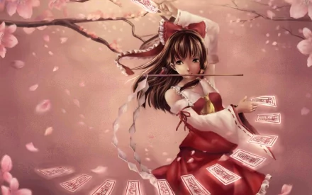 HD anime desktop wallpaper featuring Reimu Hakurei from Touhou, surrounded by floating talisman cards and cherry blossom petals in a soft pink background.