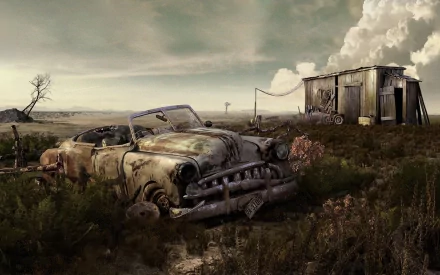 HD desktop wallpaper featuring an old, rusted car wreck in a desolate landscape near a weathered wooden shack under a cloudy sky.