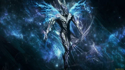 A striking fantasy creature stands amidst a cosmic backdrop, radiating ethereal energy and vibrant blue hues. This HD desktop wallpaper captivates with its imaginative design.