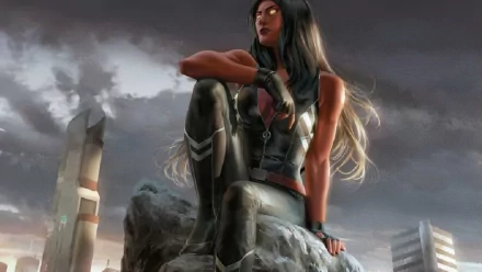 HD PC desktop wallpaper featuring Red She-Hulk from the comic universe, portrayed confidently perched on a rocky surface against a dramatic cloudy sky.