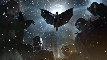 HD PC desktop wallpaper from the video game Batman: Arkham Origins — Batman descends through a snowy night, cape spread, silhouetted against a bright light as armed officers close in.