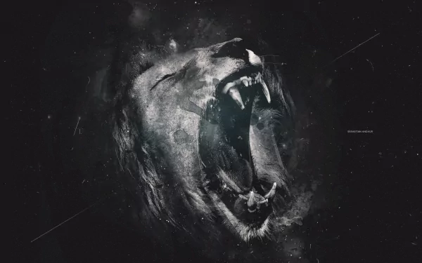 HD desktop wallpaper featuring a majestic artistic depiction of a lion's face against a dark, starry background.