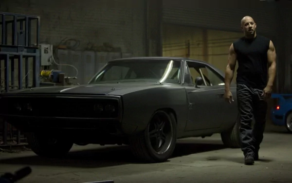HD desktop wallpaper featuring Vin Diesel as Dominic Toretto in 'Fast Five,' standing beside a black classic muscle car in a dimly lit garage.