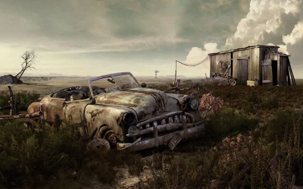 HD desktop wallpaper featuring an old, rusted car wreck in a desolate landscape near a weathered wooden shack under a cloudy sky.