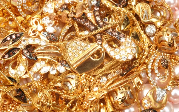 A close-up view of intricate gold jewelry featuring sparkling gemstones, showcased in a vibrant arrangement, suitable as a stunning HD desktop wallpaper and background.