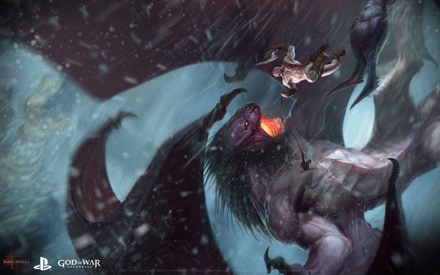 HD PC desktop wallpaper from the video game God of War: Ascension, featuring a fierce battle between Kratos and a monstrous creature amid a stormy, snowy backdrop.