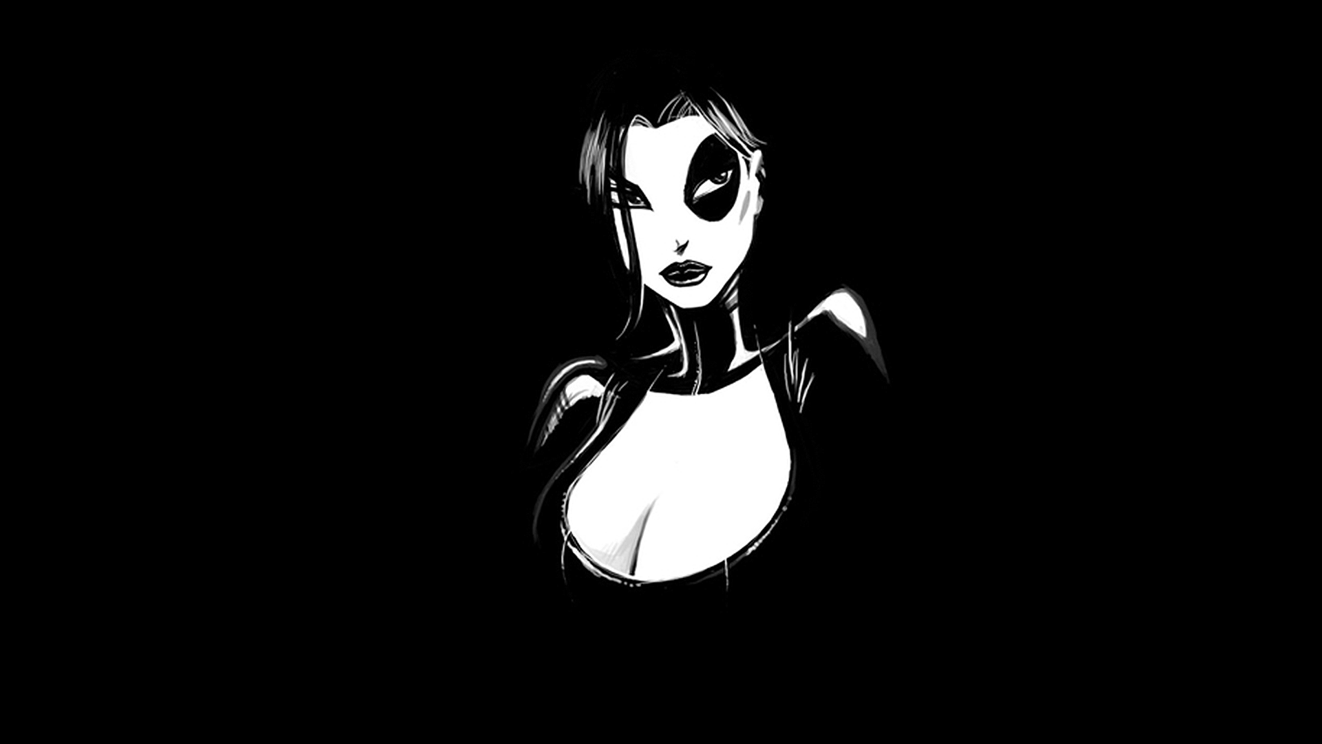 Monochrome comic-style X-Force heroine bust with a distinctive eye patch and glossy costume on a black HD PC desktop wallpaper.