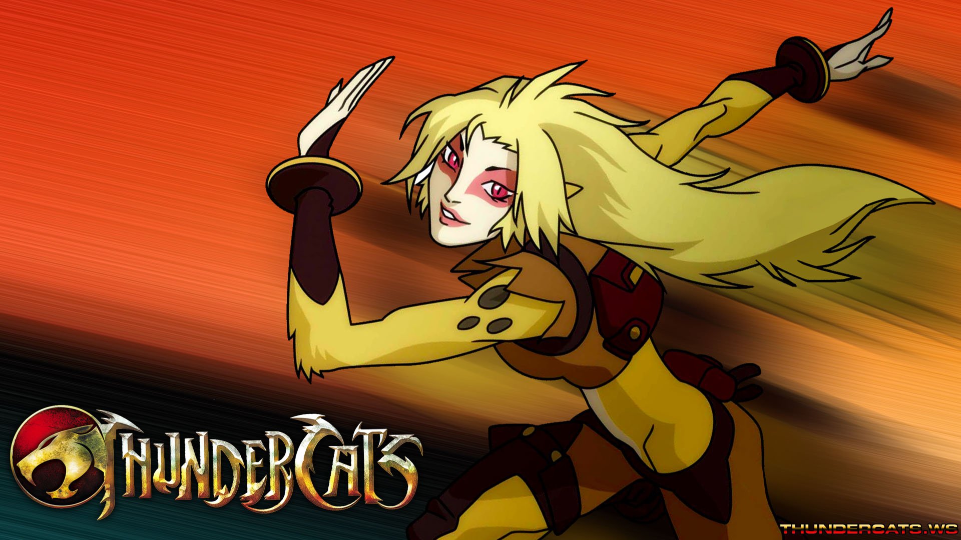 HD PC desktop wallpaper featuring Cheetara from the 2011 TV show Thundercats in dynamic action pose against an orange background.