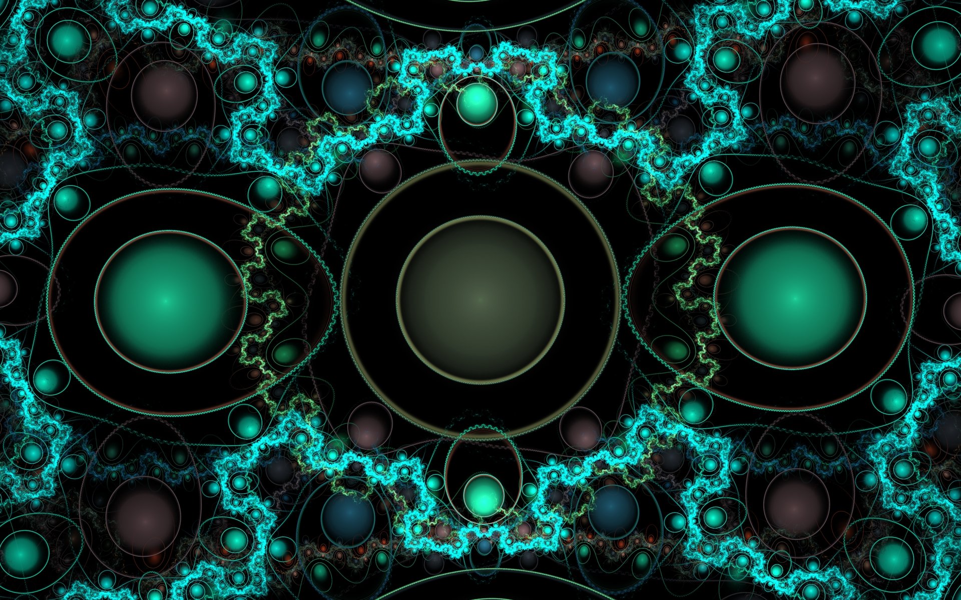 HD PC desktop wallpaper featuring an abstract fractal design with glowing turquoise patterns and dark circular elements creating a symmetrical, intricate background.