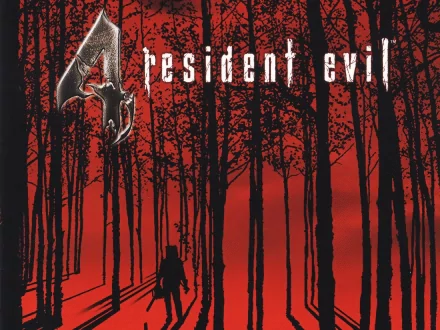 HD desktop wallpaper of Resident Evil 4 featuring a silhouette of a figure standing in a dark, eerie forest with red lighting and the game title text displayed prominently.