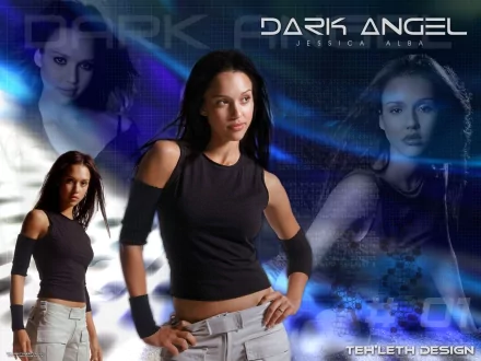 HD PC desktop wallpaper featuring characters from the TV show Dark Angel, with a futuristic blue and black background highlighting the lead actress.