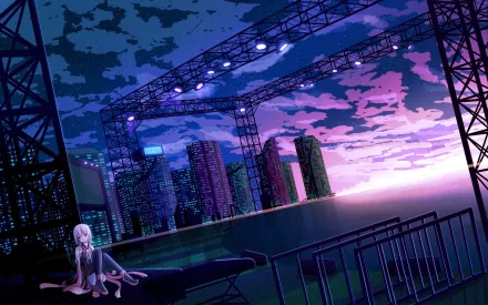 HD desktop wallpaper featuring Inori Yuzuriha from the anime Guilty Crown. The scene depicts a serene evening with illuminated buildings and a stage under a beautifully lit sky.