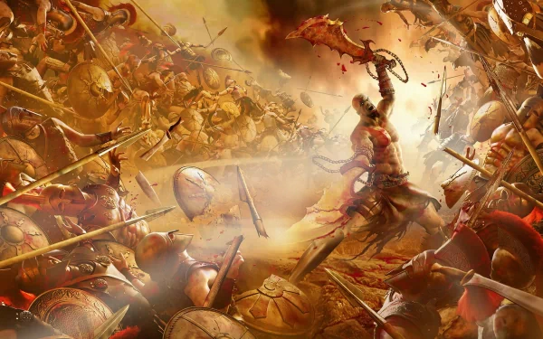 Dynamic HD wallpaper from the video game God of War, showcasing an intense battle scene with warriors and shields amidst a dramatic backdrop.