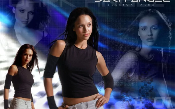 HD PC desktop wallpaper featuring characters from the TV show Dark Angel, with a futuristic blue and black background highlighting the lead actress.