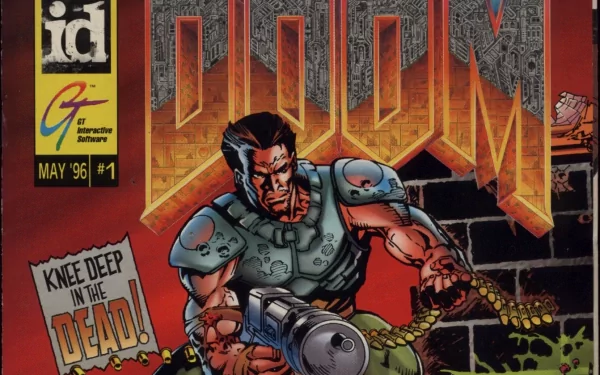 Comic Doom HD PC desktop wallpaper/background: armored space marine firing a heavy shotgun amid rubble and skeletal hands beneath a towering DOOM logo.