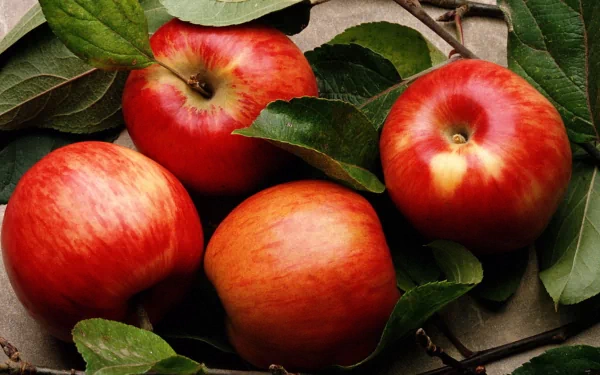 A vibrant HD desktop wallpaper featuring fresh red apples nestled among green leaves, showcasing their natural beauty and inviting colors.