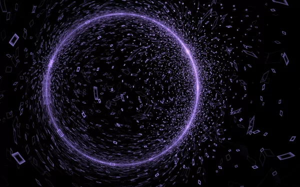 Artistic 3D HD desktop wallpaper featuring a glowing purple ring with dynamic geometric shapes swirling against a dark background.