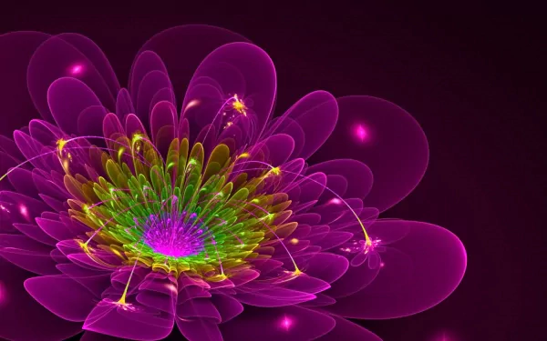 Abstract fractal design resembling a glowing, multi-layered flower in vibrant purple, green, and yellow tones, crafted as an HD PC desktop wallpaper background.