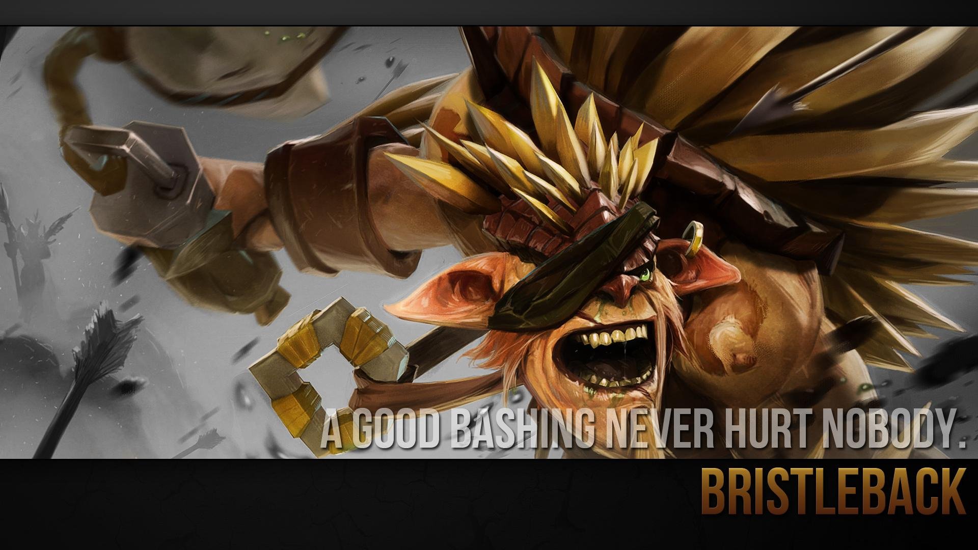 HD PC desktop wallpaper featuring Bristleback, a hero from the video game DotA 2, with the phrase A good bashing never hurt nobody displayed.