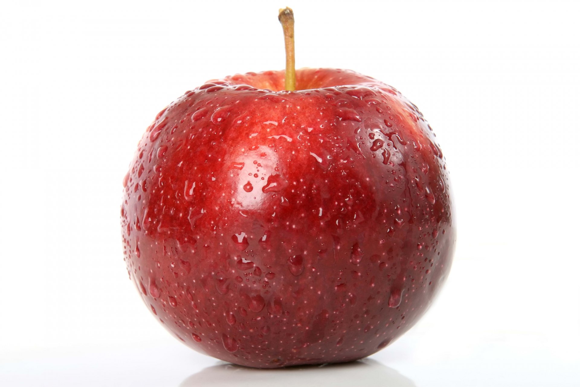 Close-up red apple with water droplets on white background — food apple image rendered as a 2K Quad HD PC desktop wallpaper and background.