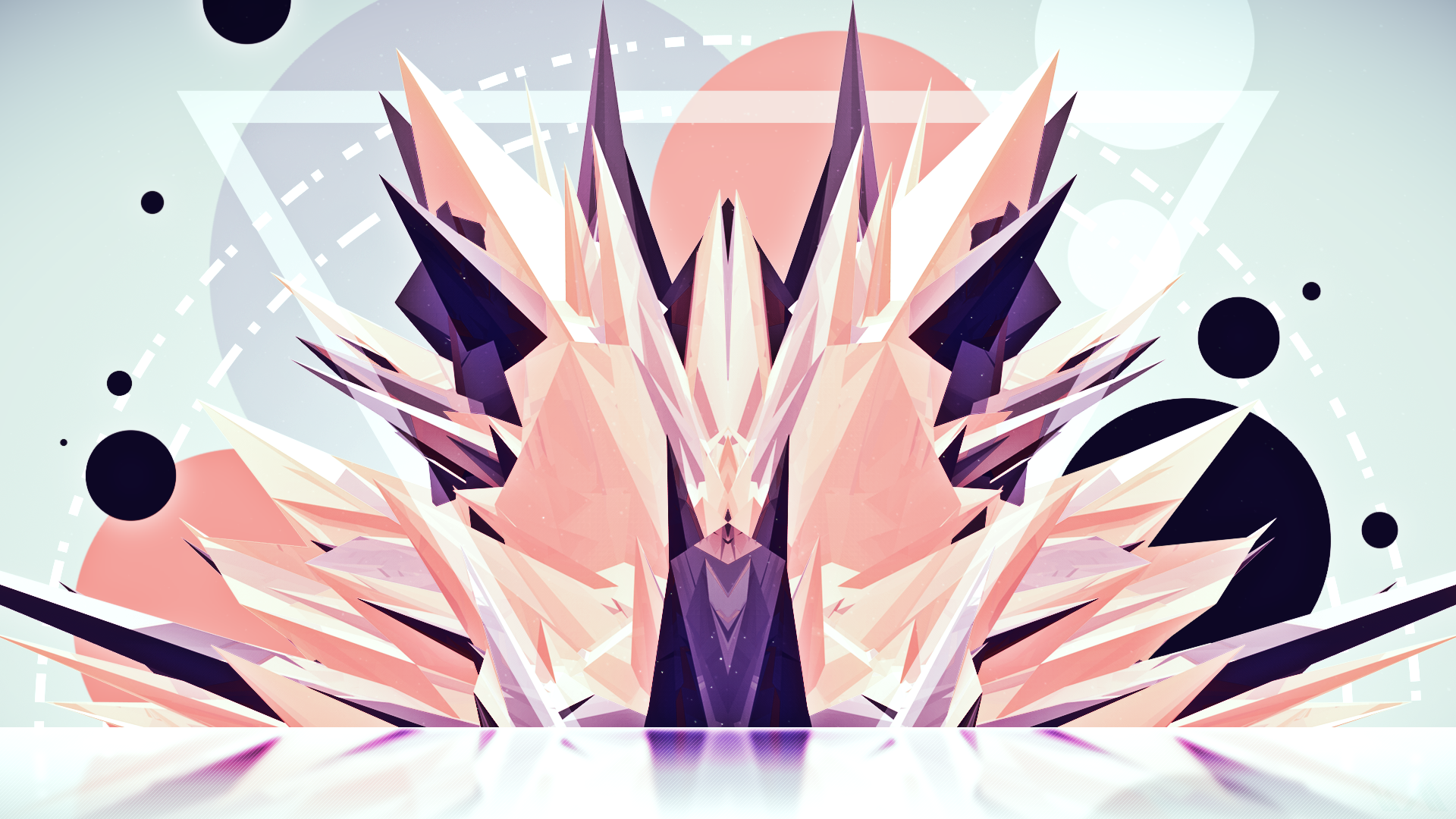 Abstract 3D geometric design featuring sharp triangular facets in soft pink and purple hues, set against a minimalistic background with circular and triangular shapes.