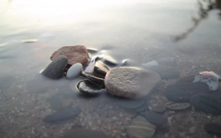 HD PC desktop wallpaper featuring smooth rocks partially submerged in calm water, showcasing a serene nature scene with soft, natural lighting.