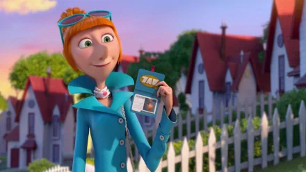 HD desktop wallpaper featuring Lucy from the movie Despicable Me 2 holding an ID badge with a suburban neighborhood in the background.