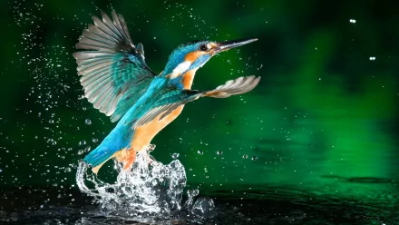 A vibrant kingfisher splashes dramatically as it takes flight from the water, set against a lush green background, creating a stunning HD desktop wallpaper.