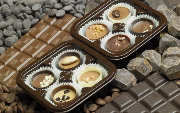 A rich array of chocolates displayed in a box, surrounded by various chocolate textures and ingredients, captured in a stunning 4K Ultra HD desktop wallpaper.