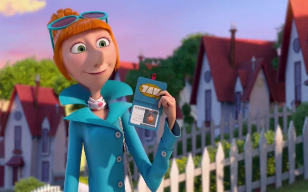 HD desktop wallpaper featuring Lucy from the movie Despicable Me 2 holding an ID badge with a suburban neighborhood in the background.