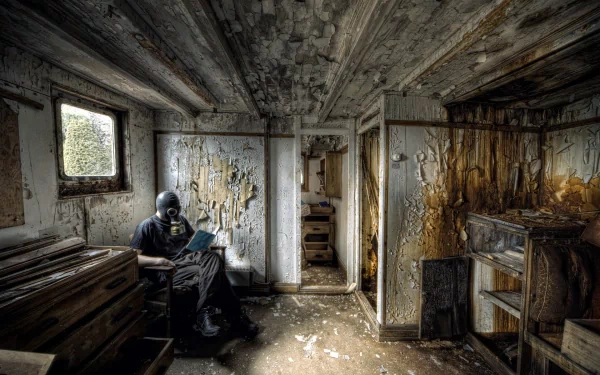 A desolate room depicting a post-apocalyptic scene, featuring a figure in a gas mask reading amidst peeling walls and debris, capturing a haunting sci-fi atmosphere.