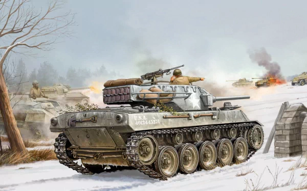 An M18 Hellcat tank engages in battle, set against a winter landscape with military action in the background, creating a striking HD desktop wallpaper and background.