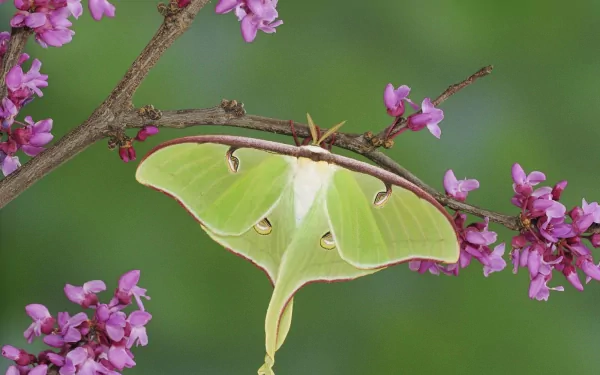 A vibrant luna moth rests on a branch adorned with delicate pink flowers against a smooth green background, captured in high-definition detail.