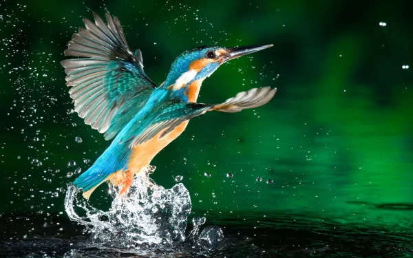 A vibrant kingfisher splashes dramatically as it takes flight from the water, set against a lush green background, creating a stunning HD desktop wallpaper.