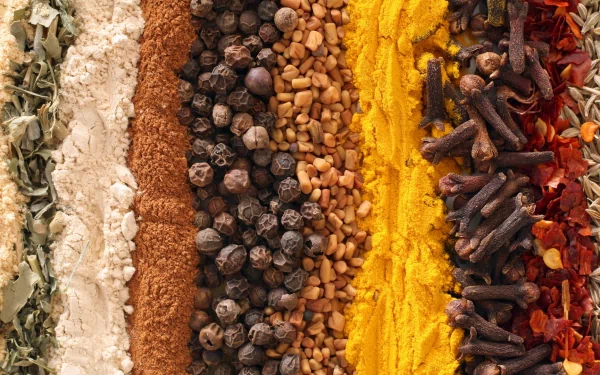 Close-up HD desktop wallpaper featuring vibrant rows of various herbs and spices, showcasing rich textures and colors in a food-themed background.