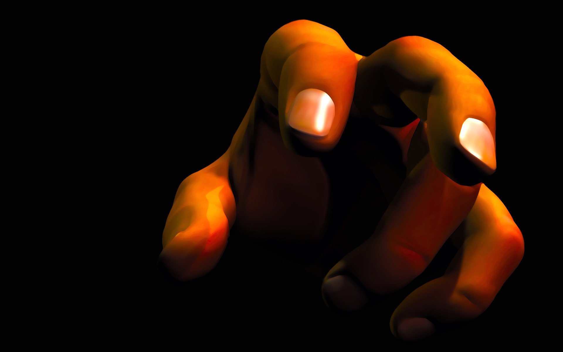 Artistic HD desktop wallpaper of a stylized hand reaching from deep shadow, lit with warm orange highlights against a black background.