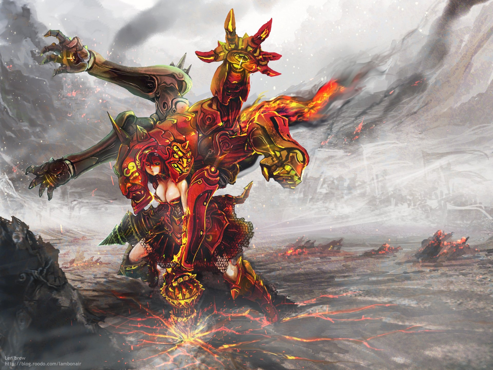 HD anime original wallpaper depicting a fiery, multi-armed warrior with intricate armor standing in a volcanic, ash-filled landscape.