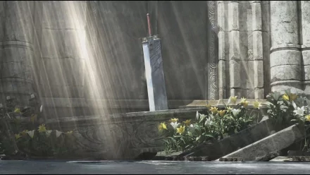 A serene HD background from Final Fantasy VII: Advent Children, featuring a glowing sword amidst sunlit ruins and vibrant flowers, capturing a moment of tranquility and beauty.
