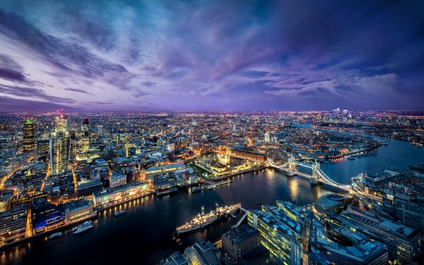 Man Made London Cities United Kingdom City Cityscape Night Aerial Building River Thames Ship Tower Bridge HD Wallpaper | Background Image