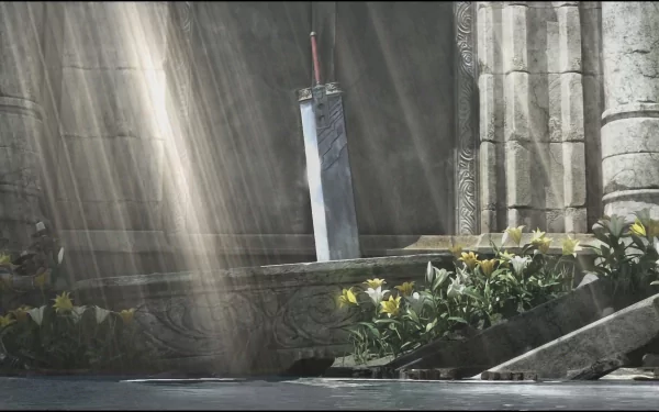 A serene HD background from Final Fantasy VII: Advent Children, featuring a glowing sword amidst sunlit ruins and vibrant flowers, capturing a moment of tranquility and beauty.