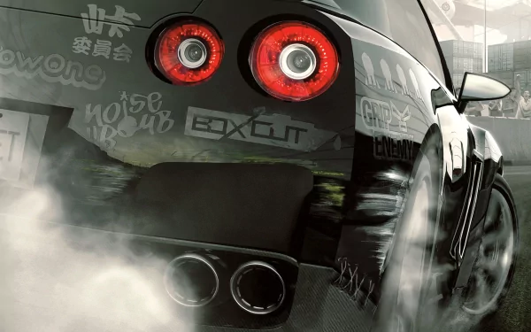 A dynamic HD wallpaper featuring a sleek car from the video game Need for Speed: ProStreet, with intense detailing and smoke billowing from the tires, capturing high-speed racing energy.