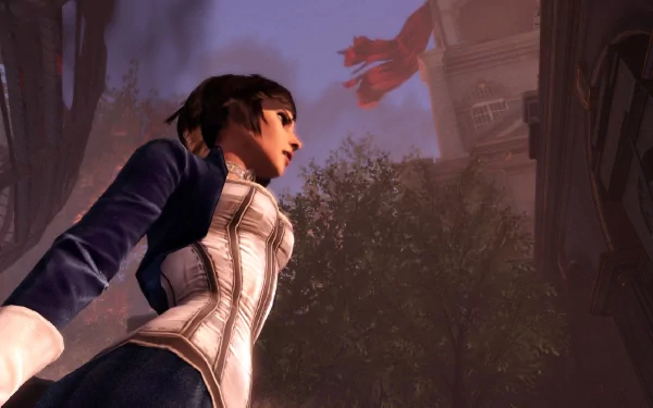 Elizabeth from BioShock Infinite gazes upward amid misty city ruins, presented as an HD PC desktop wallpaper/background.