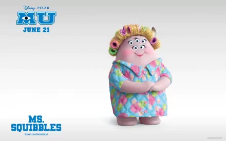 HD PC desktop wallpaper featuring Ms. Squibbles from the movie Monsters University, showcasing the character with the film’s logo and release date.