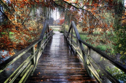 A scenic wooden bridge surrounded by vibrant autumn foliage, set against a tranquil landscape. This HD image serves as a stunning desktop wallpaper and background.