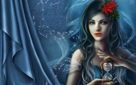 Fantasy HD wallpaper featuring a mystical woman with flowing dark hair, adorned with a red flower, holding an hourglass. She is enveloped in ethereal blue fabric and shimmering stars.