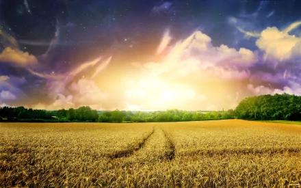 A tranquil field under a vibrant sky at sunrise, capturing a dreamy world in nature. This HD image serves as a stunning desktop wallpaper and background.