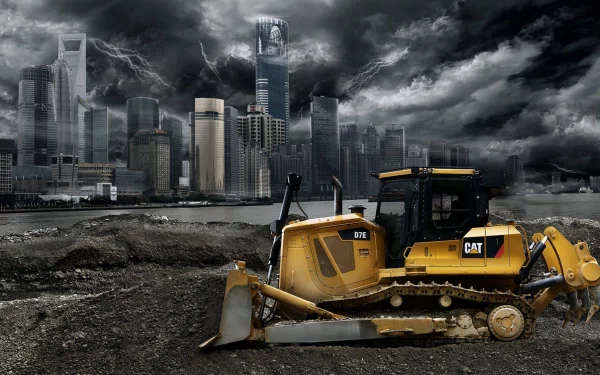 HD PC desktop wallpaper of a Caterpillar Inc. Caterpillar D7E excavator vehicle on a muddy construction site with a dramatic stormy city skyline background.