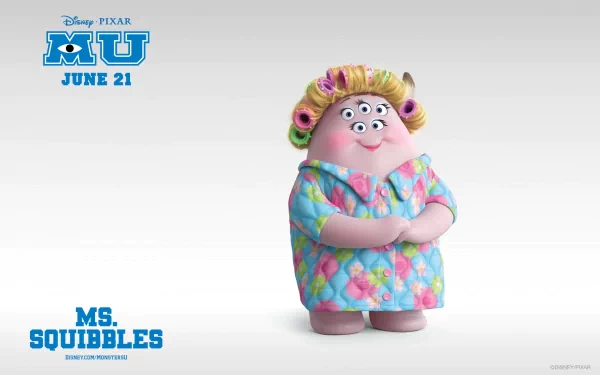 HD PC desktop wallpaper featuring Ms. Squibbles from the movie Monsters University, showcasing the character with the film’s logo and release date.